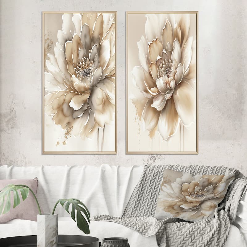 Designart "Single Beige Flower" Floral Framed Wall Art Set Of 2 - Beige Canvas Set For Living Room Decor - 24 in. wide x 20 in. high - Brown