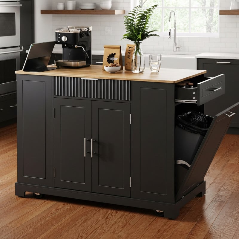 Rolling Kitchen Islands on 5 Wheels with 3 Drawer, 3 Open Side Racks for 10 Gallon Garbage Bin
