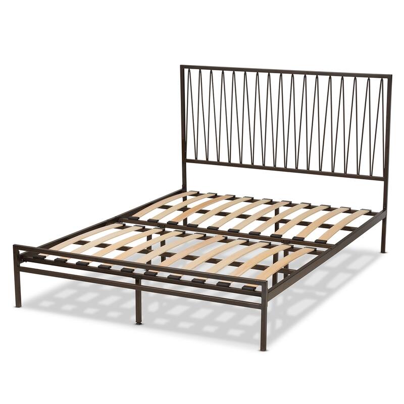 Modern Metal Platform Bed - Full Size, Black Finish, Geometric Headboard, Easy Assembly