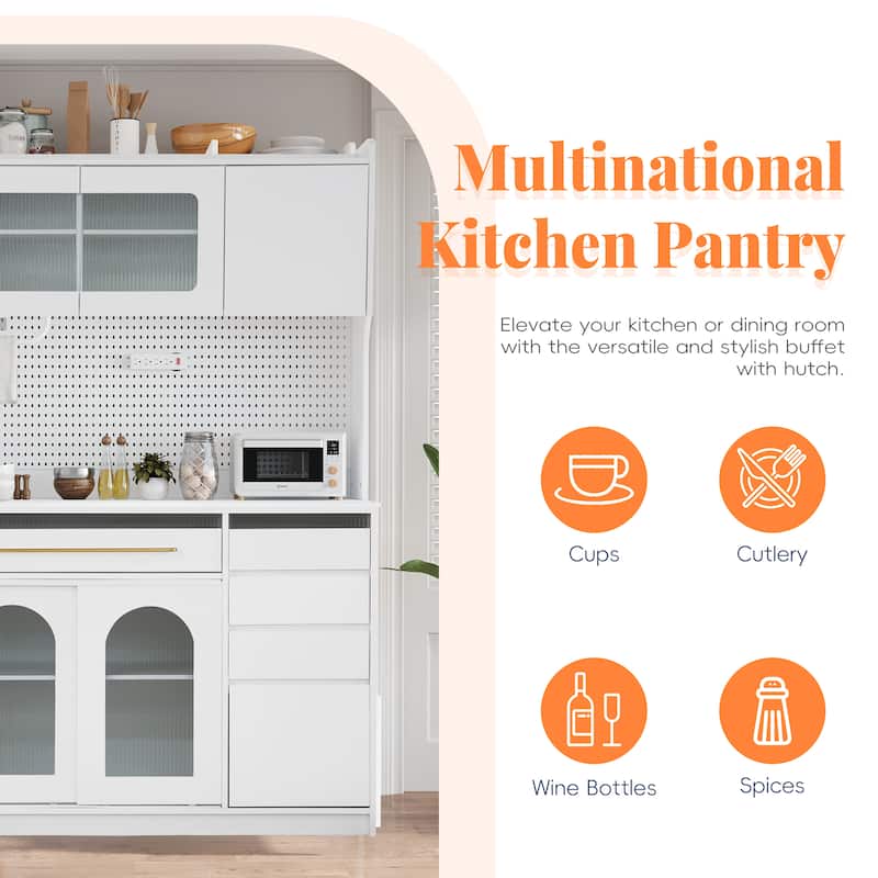 Freestanding 63'' W Buffet with Hutch, Large Coffee Bar Storage Cabinet with 6 Drawers, 5 Cabinets with Adjustable Shelves - White