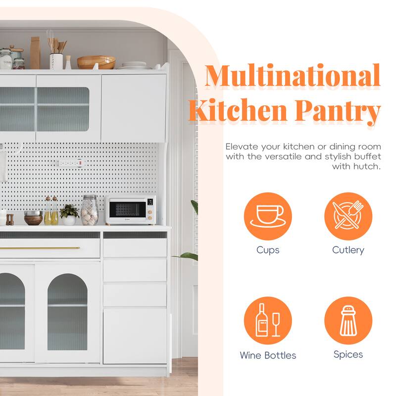 Roomfitters Freestanding 63" Buffet with Hutch and Power Outlet, Coffee Bar Storage Cabinet