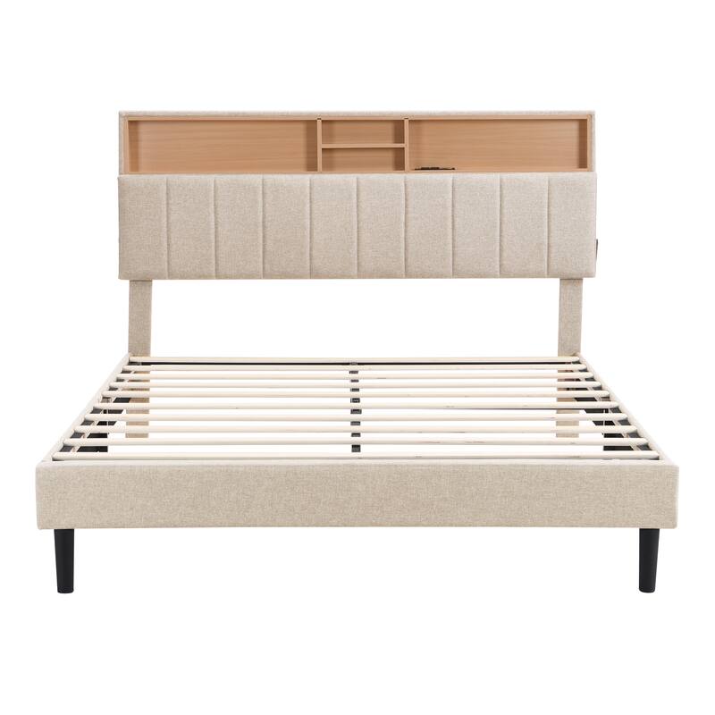 Queen Size Upholstered Platform Bed with Storage Headboard and USB Port