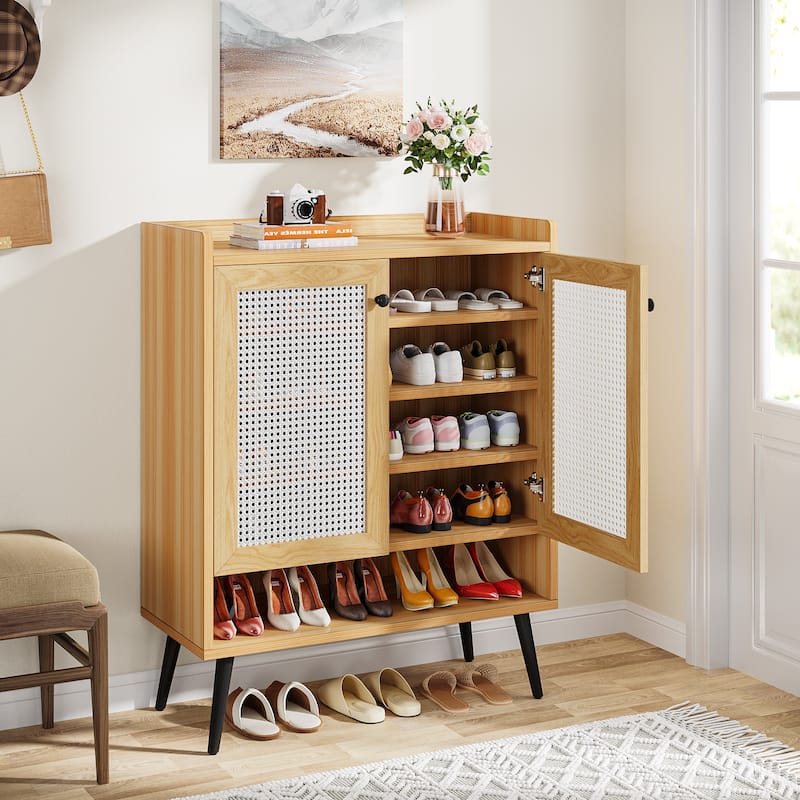 Shoe Cabinet with Doors, Rattan Shoe Storage Cabinet, 6-Tier Shoes ...