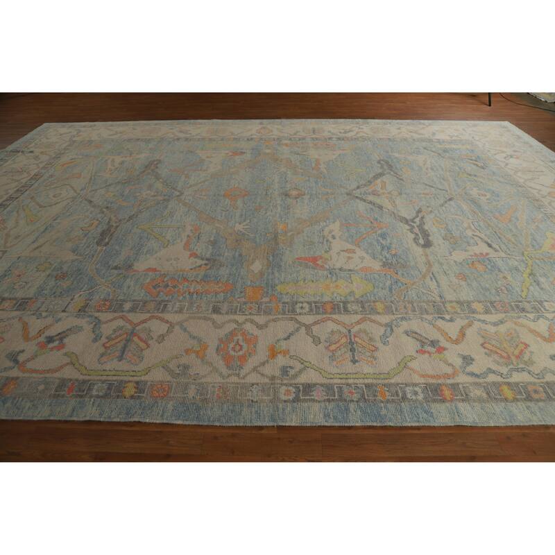Hand Knotted Oriental 100% Wool Carpet Transitional All-Over Navy Blue & Blues Oushak Area Rug - 16' 3'' X 11' 7''