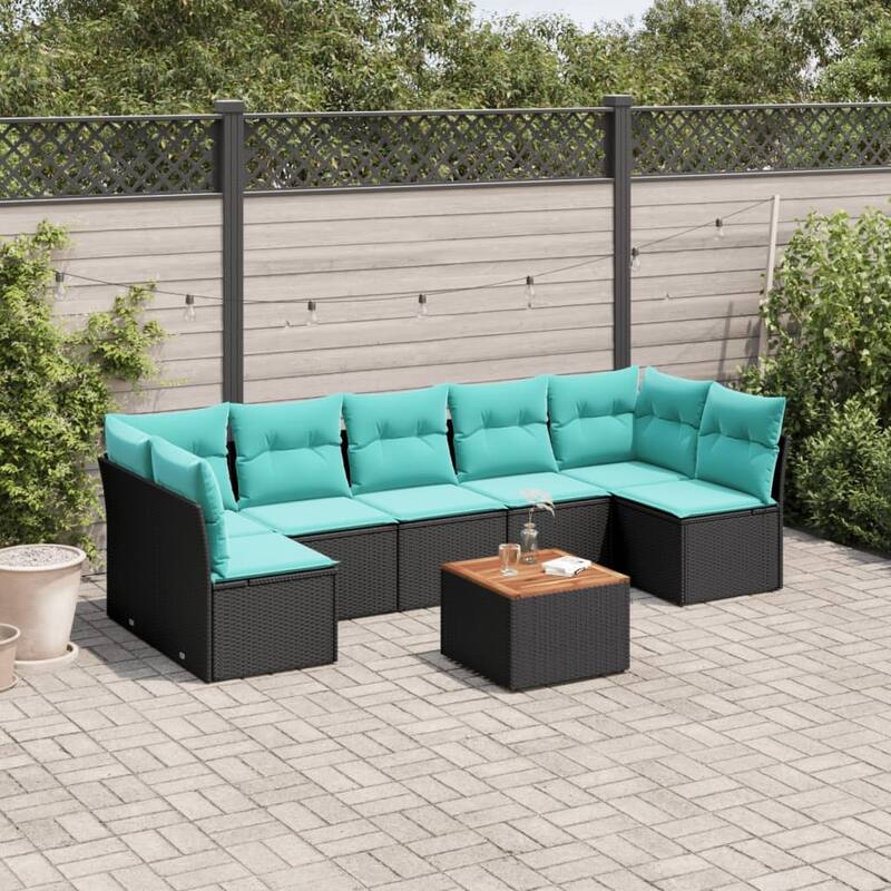 vidaXL 8 Piece Patio Sofa Set with Cushions Black Poly Rattan - 24.4 x 24.4 x 27.2 - Black-2x corner + table + 5x middle
