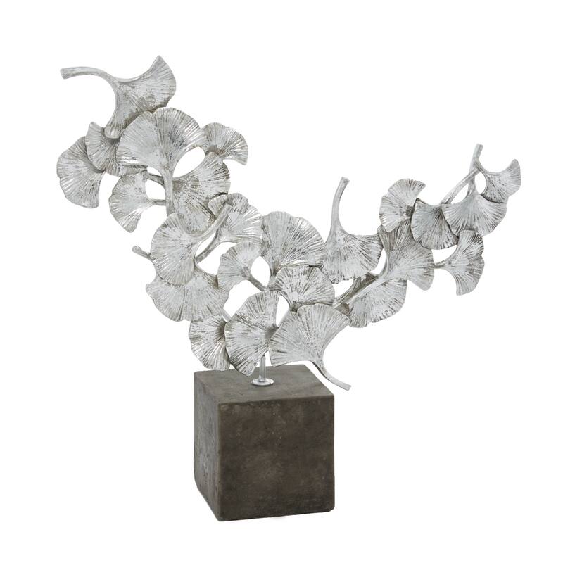 Silver Polystone Floral Decorative Sculpture with Black Block Base