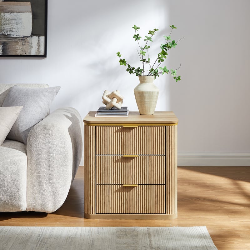 24" Mid Century Modern Fluted 3 Drawers Nightstand, Large End Table