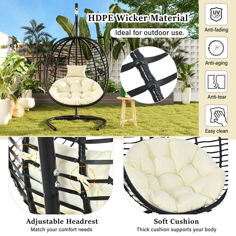 Single Person Folding Egg Chair with Stand, Hanging Egg Chair, Wicker Hammock Swing Chair with Adjustable Anti-Slip Feet