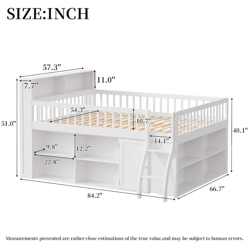 Kids Storage Low Loft Bed with LED Headboard Light, Dual Side Storage Shelves and Space Saving Under-Bed Storage