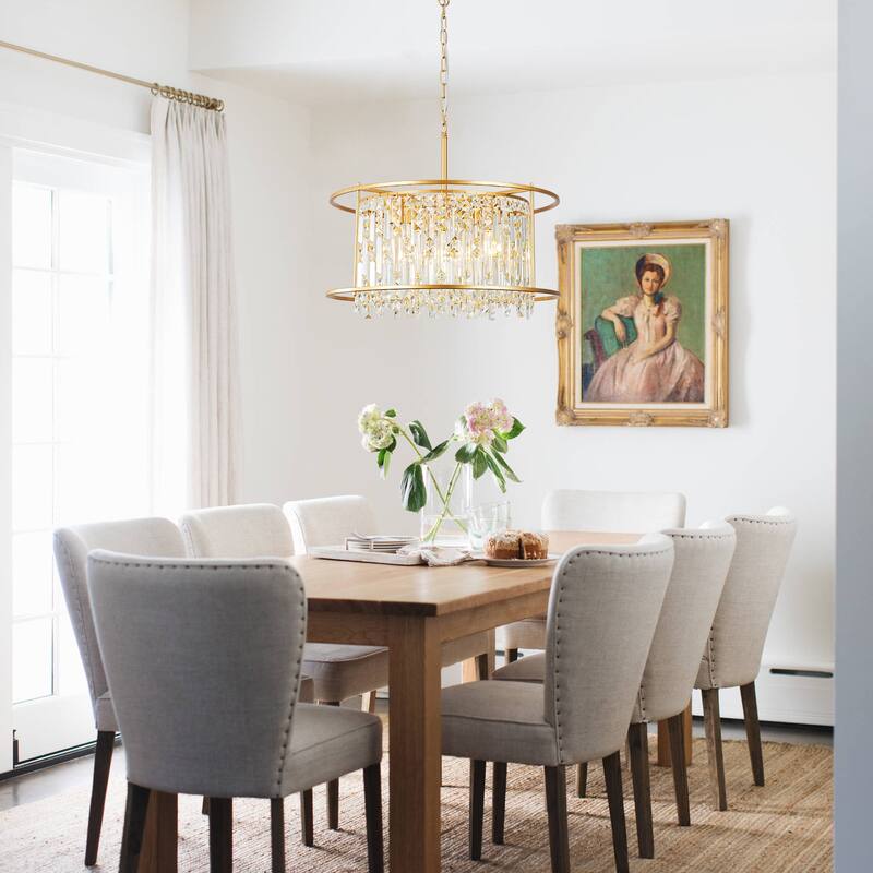 5-Light Glam Gold Chandelier with Drum Metal Frame and Crystal Accents - 23.2 in. W x 20.5 in. H