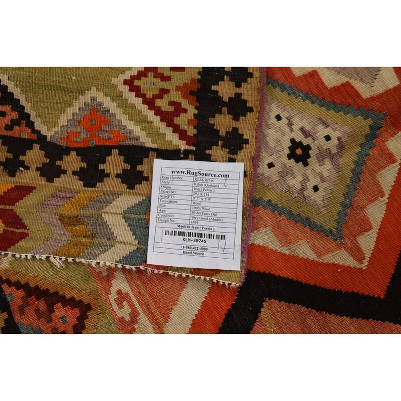 Vegetable Dye Kilim Qashqai Persian Vintage Runner Wool Carpet - 3'9"x 9'7"