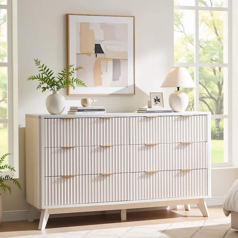 Modern Fluted 6 Drawers Dresser, Chest of Drawers, Dresser TV Stand - Solid White