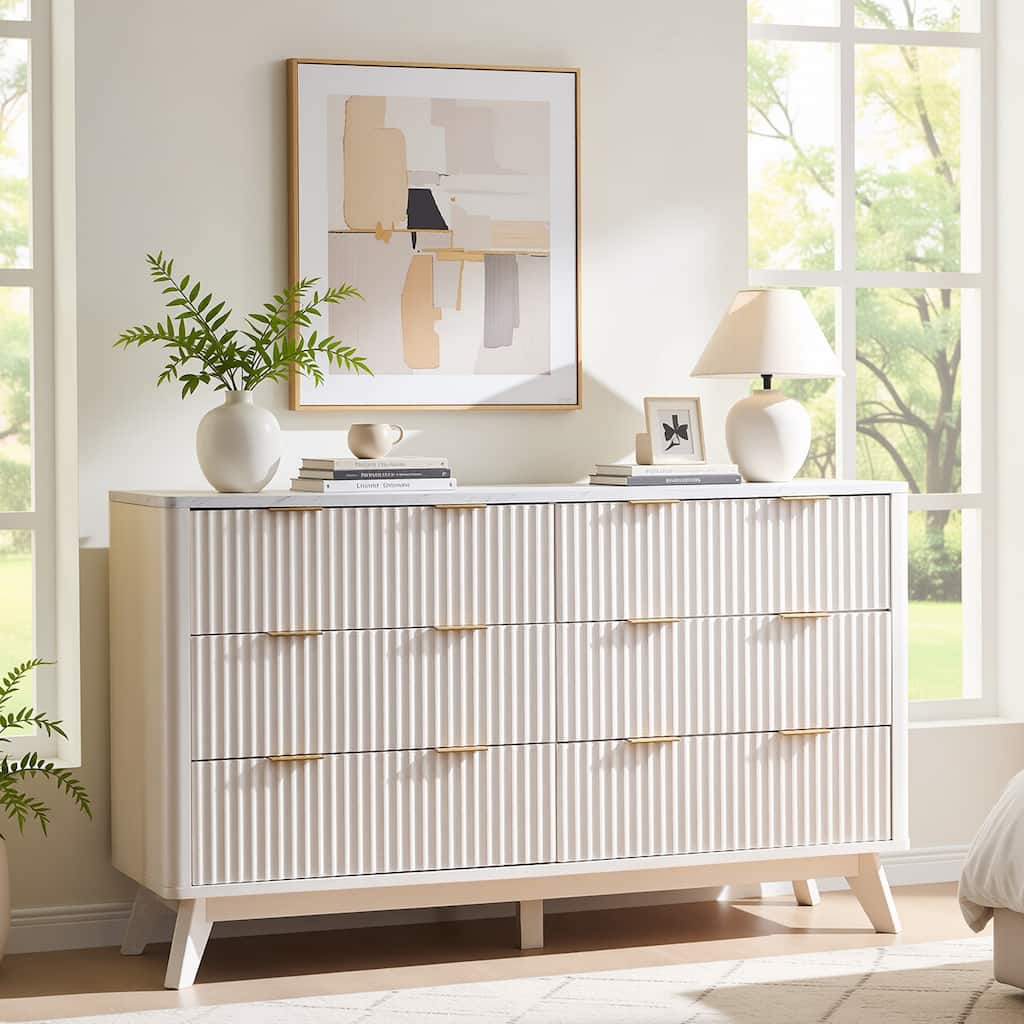 Modern Fluted 6 Drawers Dresser, Chest of Drawers, Dresser TV Stand