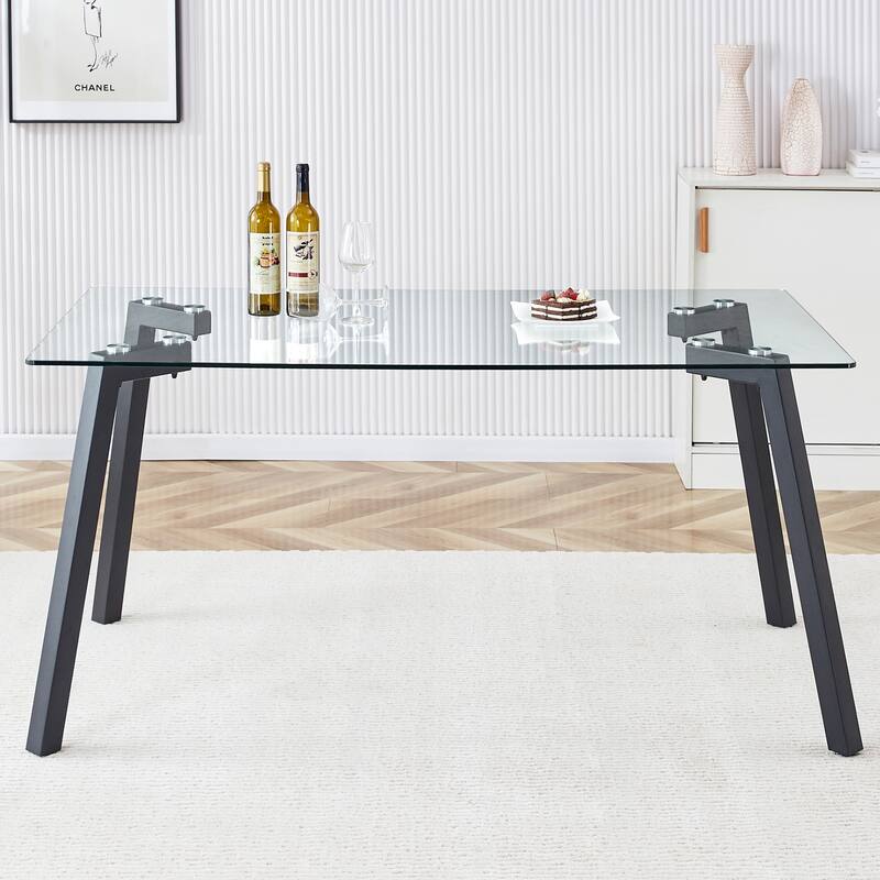 Minimalist style rectangular glass dining table with tempered glass and golden metal legs, for dining room,living room