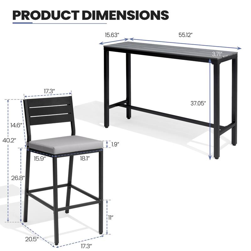 Outdoor 3-Piece Patio Bar Stools Set Rectangle Bar Table and Barstools with Cushion