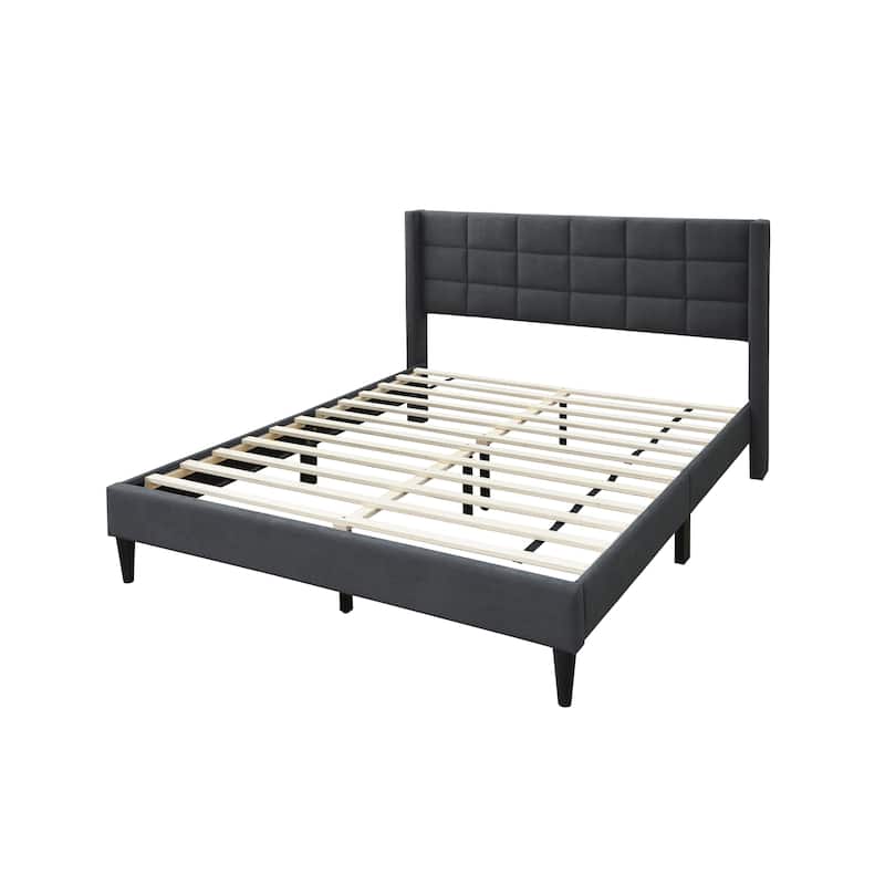 Queen Size Linen Upholstered Platform Bed with Box Stitch Headboard and Modern Platform Design
