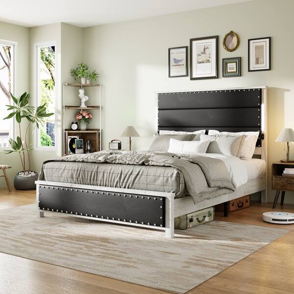 slide 2 of 7, Queen Size Upholstered Platform Bed with Headboard, Charging Station and LED Grey