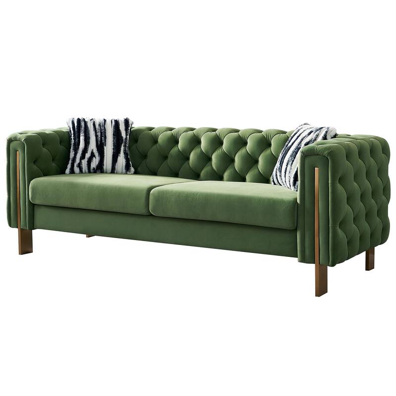 Chesterfield Tufted Velvet Couch with Gold Legs, Includes 2 Toss Pillows for Living Room