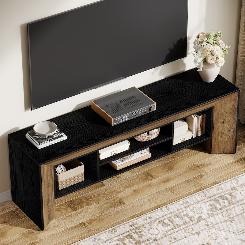 Rectangular Wood Entertainment Center fo TVs up to 75 Inches, Black and Brown TV Stands for Living Room