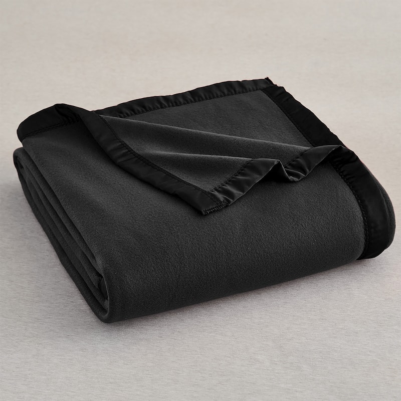 Solid Fleece Blanket with Satin Trim Queen/King Size - Twin - Black
