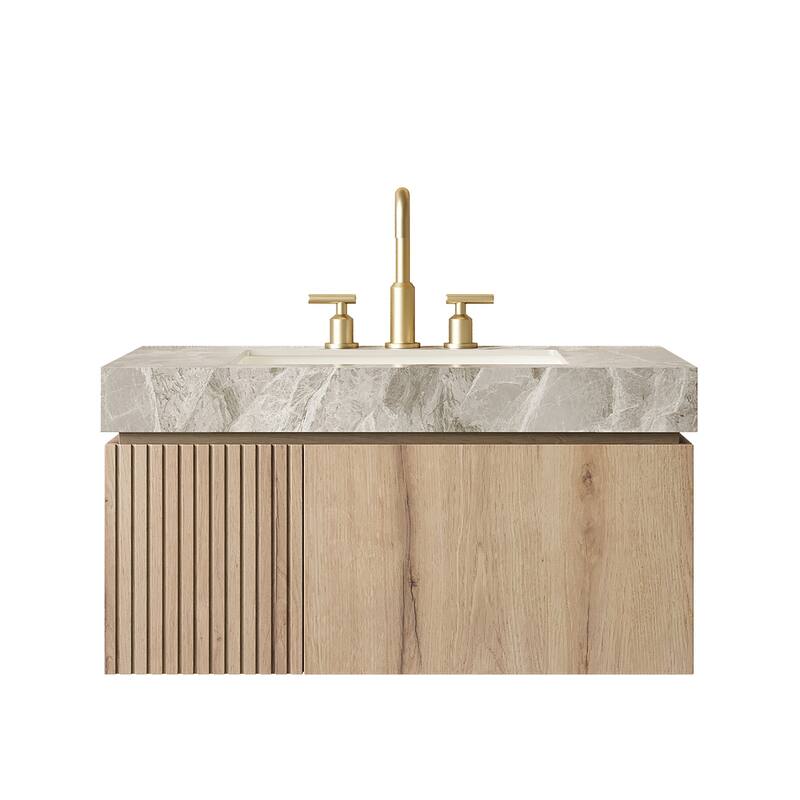 36" Bathroom Vanity & Sink, Floating Plywood Storage Cabinet with Drawer & Door, Sintered Stone Top & Ceramic Basin