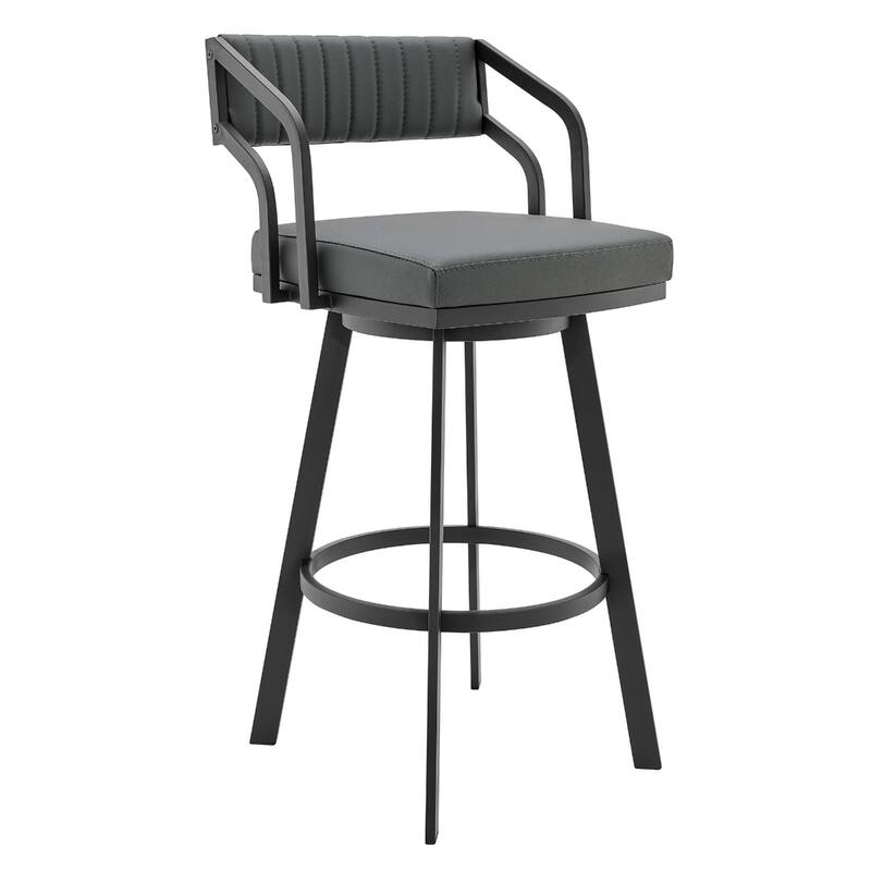 26" Grey Swivel Counter Height Faux Leather Seat Bar Stool with Arms and Low Back and Black Iron Frame - 36”H x 21”W x 22”D