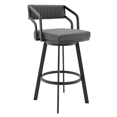 26" Grey Swivel Counter Height Faux Leather Seat Bar Stool with Arms and Low Back and Black Iron Frame - 36”H x 21”W x 22”D