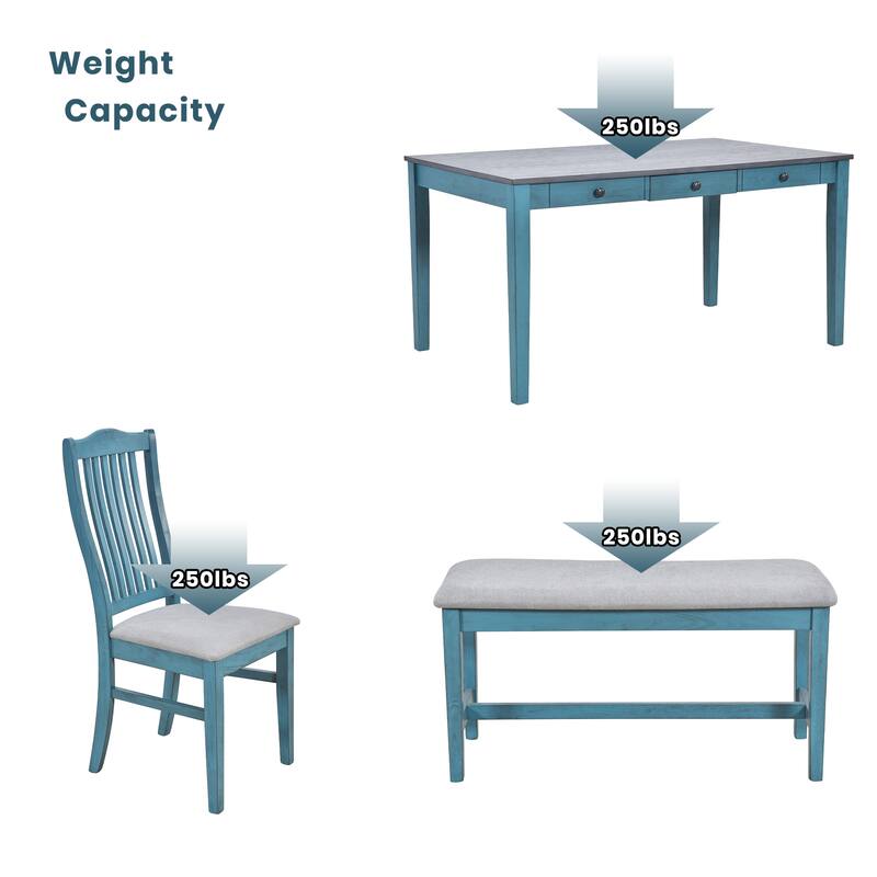 Antique Blue 6-Piece Wooden Dining Table Set with 4 Chairs & Bench, Table with Drawer