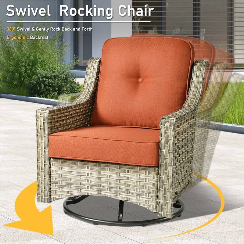 HOOOWOOO 9-piece Rattan Outdoor High Backrest Swivel Chair Set with 54"Fire Pit