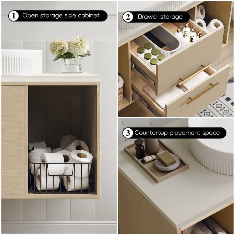 39.3"Wall-Mounted Bathroom Vanity with Oval Ceramic Sink,Floating Multi-Layer Cabinet Soft-Close Drawers Open Shelf Storage