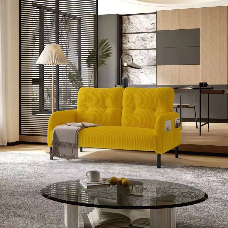 Small Corduroy Upholstered Loveseat Sofa, Lounge Sofa Chair with Double Side Pockets, High-Density Sponge 2 Seater Sofa