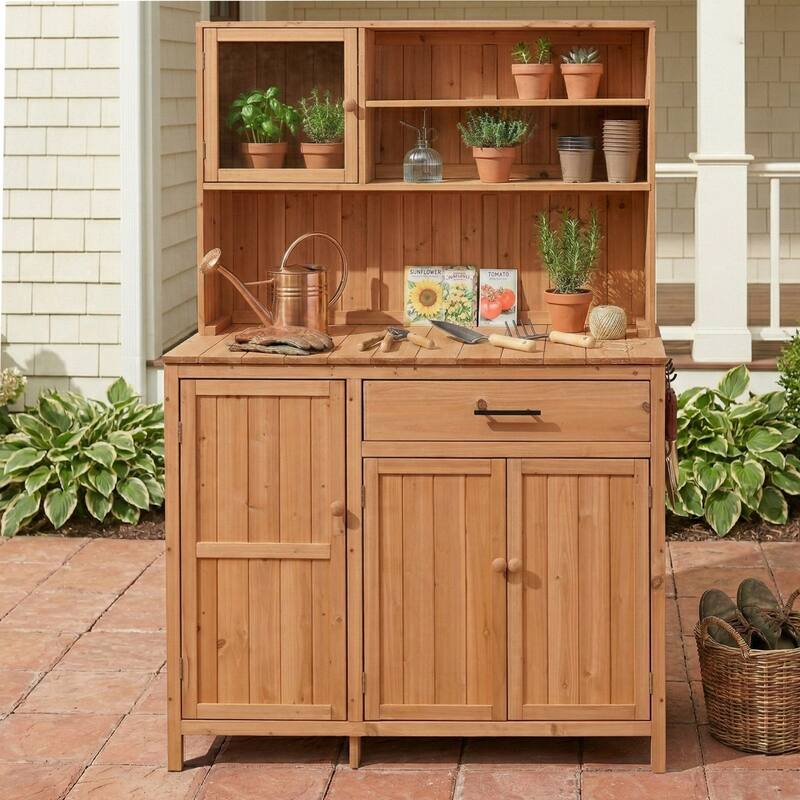 Roomfitters 65" Garden Potting Bench with Storage Hutch, Outdoor Potting Table & Prep Station, Drawer, Cabinet, Shelves