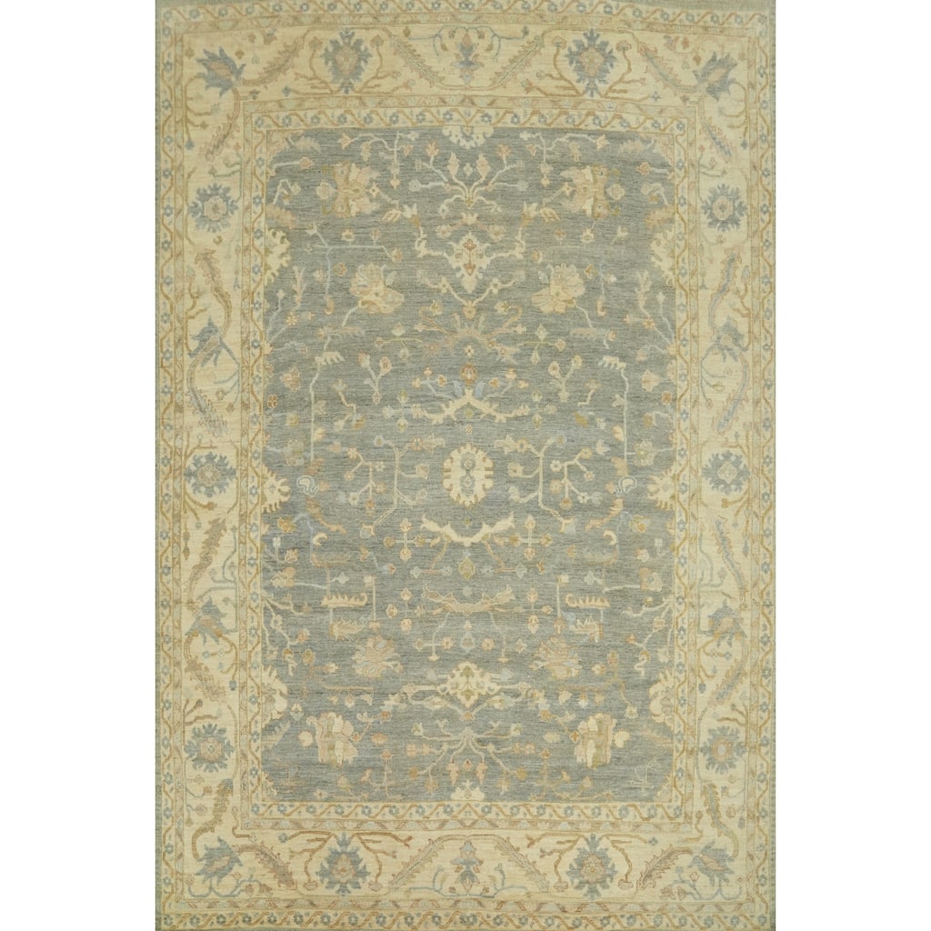 Handmade Floral Oushak Vegetable Dye Area Rug, Floral Geometric Carpet - 11' 11'' X 9' 3''