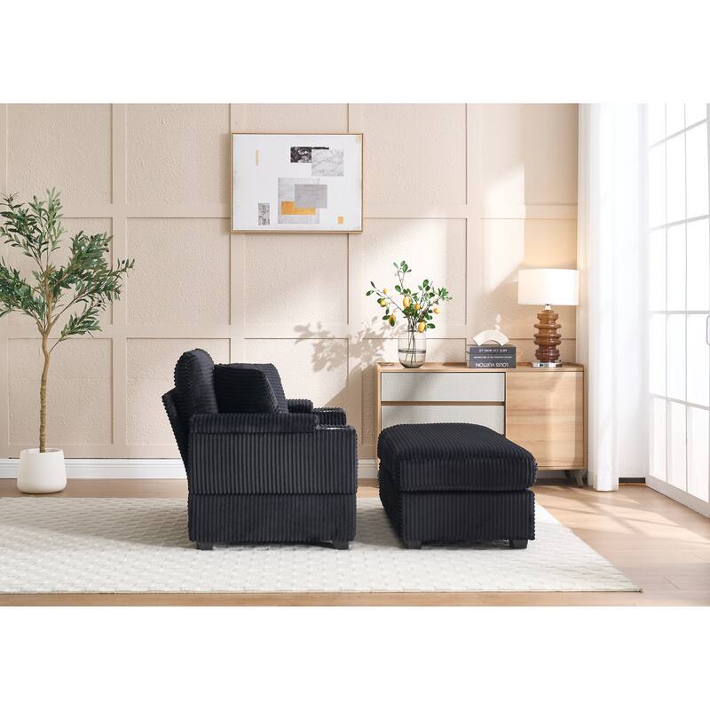 Corduroy Upholstered Chaise Lounge with Movable Ottoman, Living Room Storage Sofa Chair with Cup Holder, Detachable Cushions