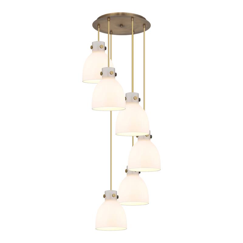 Innovations Lighting Newton Bell - 6 Light 8" Cord Hung Multi Pendant - 14" Canopy - Brushed Brass/White