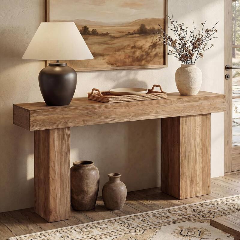 Solid Wood Entryway Console Table, 63-Inch Farmhouse Sofa Table Behind Couch - 63" L × 11.81" W × 31.5" H - Brown