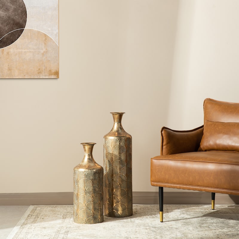 Glitzhome Set of 2 Metal Antique Gold Gingko or Verdigris Finish Floor Vases - Gold Gingko
