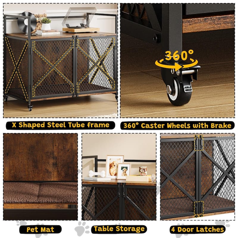 Dog Crate Furniture with Cushion, Double Doors, End Table Design