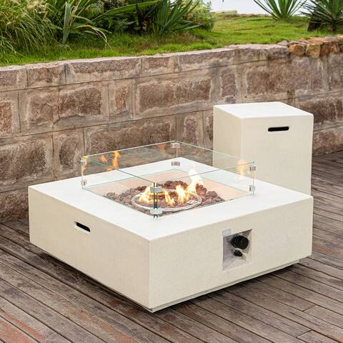 COSIEST Ecru Outdoor Square Propane Fire Pit with Tank Table