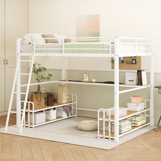 Twin/Full Size Metal Loft Bed with Ladder and Built-in Long Desk, Kids Storage Bed Frame with Shelves and USB Ports