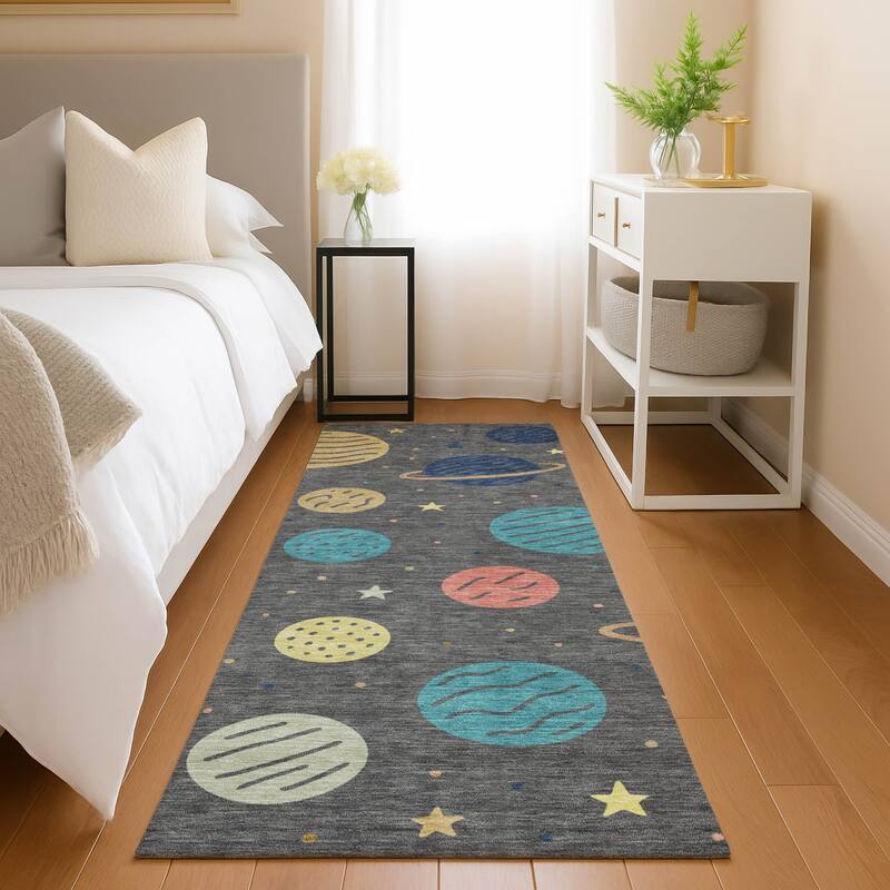 Machine Washable Indoor/ Outdoor Modern Planets Chantille Rug