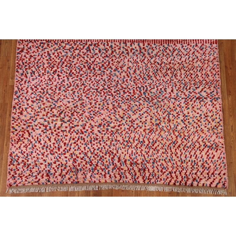 Hand Knotted Oriental 100% Wool Carpet Modern Checkered Pink Moroccan Area Rug - 8' 2'' X 5' 5''