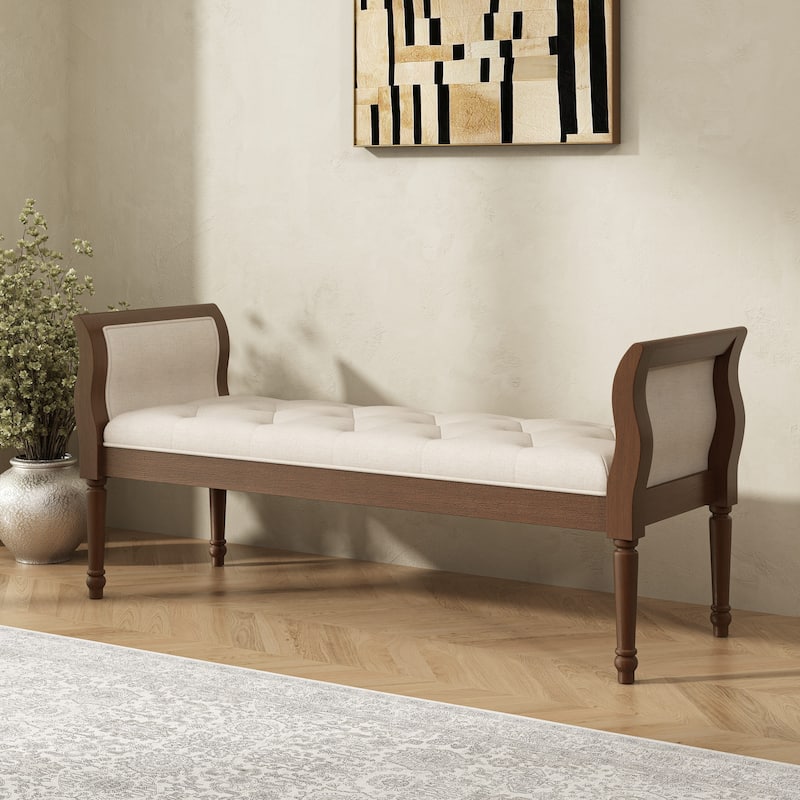 Christopher Knight Home - Valen Classic Tufted Upholstered Bench with Curved Arms and Dark Wood Frame - Beige + Walnut