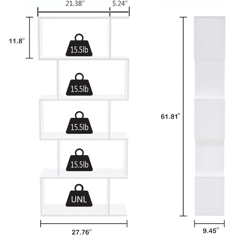 S-Shaped Bookshelf, Black Geometric Bookcase for Home & Office