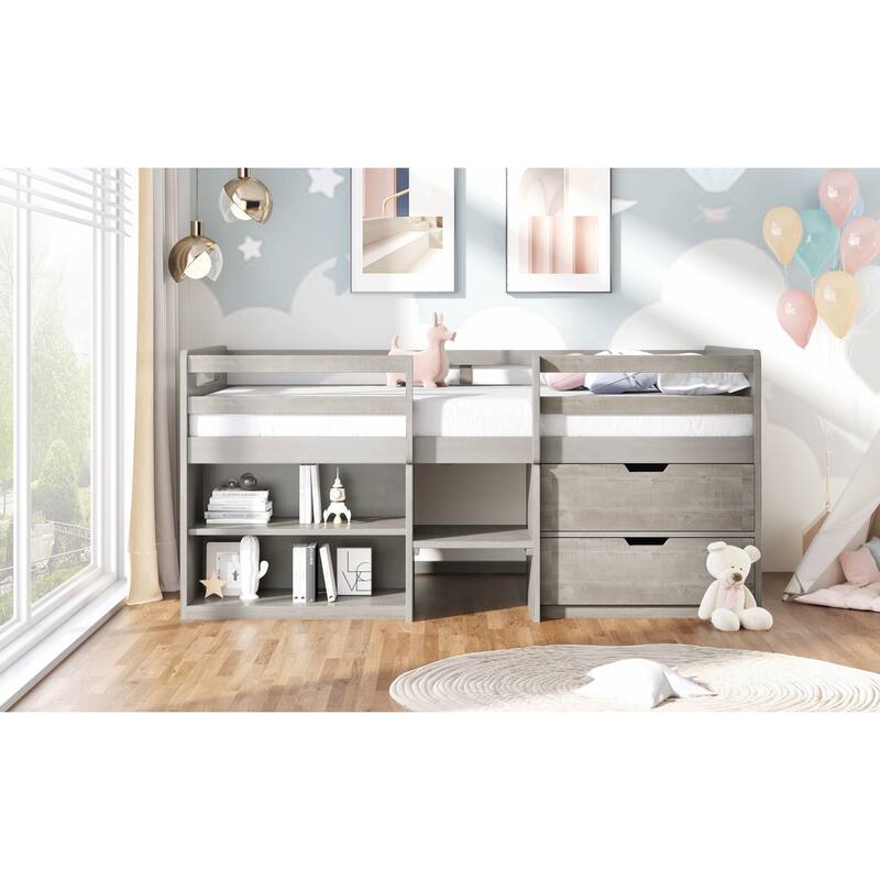 Twin Solid Pine Loft Bed with Shelves, Drawers, and Guardrail