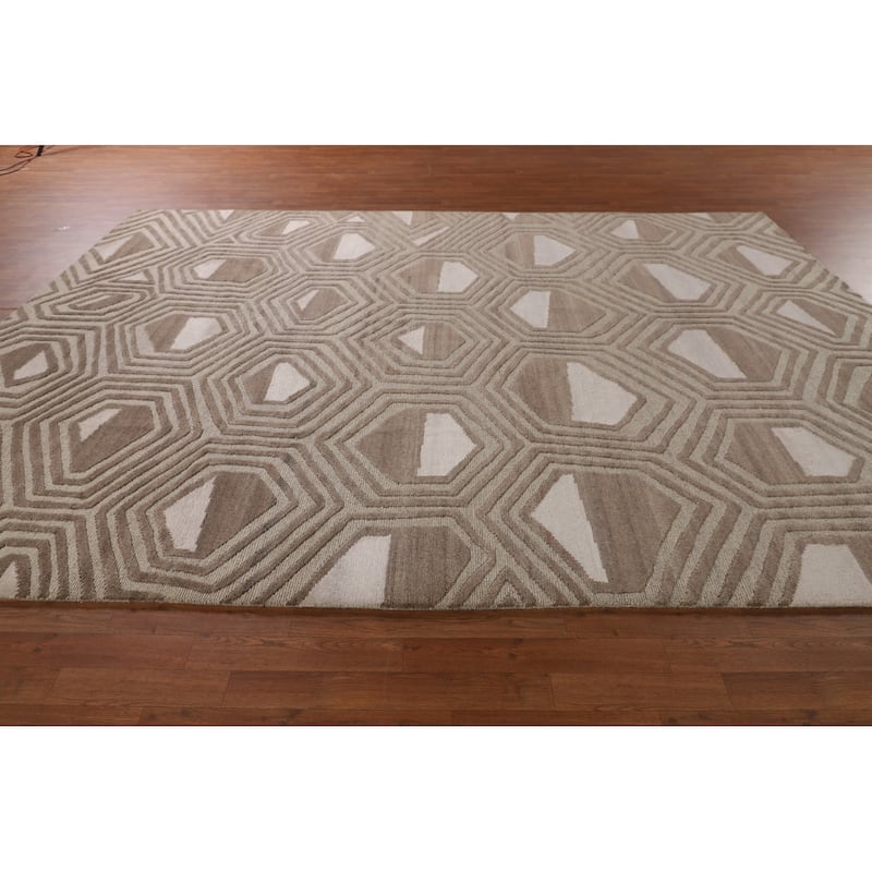 Geometric Modern Oriental Area Rug Handmade Beige Wool Carpet - 9'0" x 11'8"