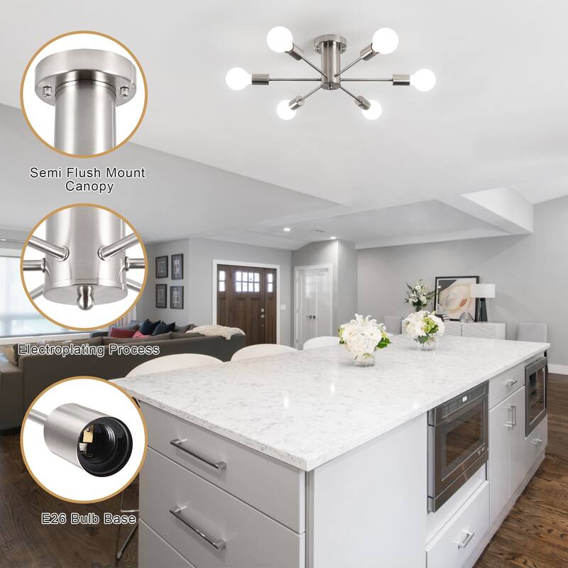 6-Light Modern Industrial Sputnik Semi-Flush Mount Ceiling Light - N/A