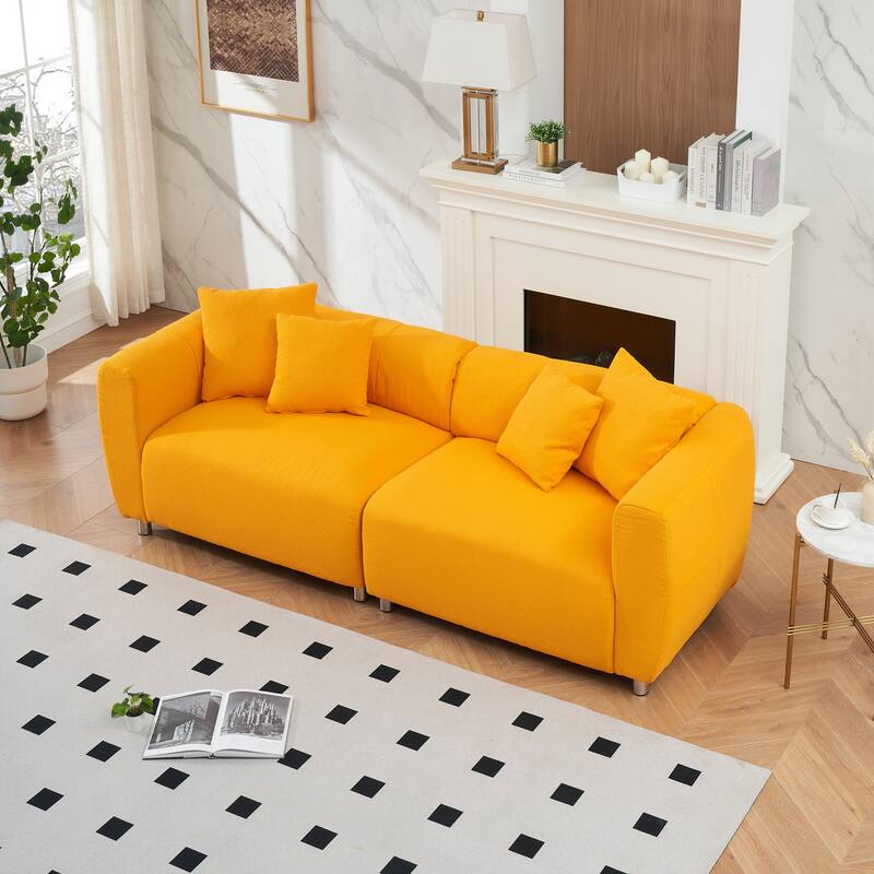 89 inch 3 Seater Yellow Cotton Linen Sofa with 4 Pillows for Apartment Office Living Room