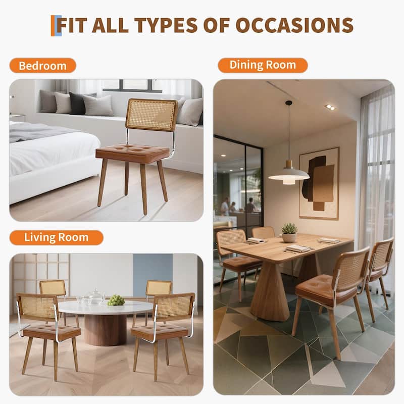 Midcentury Modern Dining Chairs of 2, PU Upholstered Kitchen Chairs with Tall Cane Backrest and Strong Wood Legs