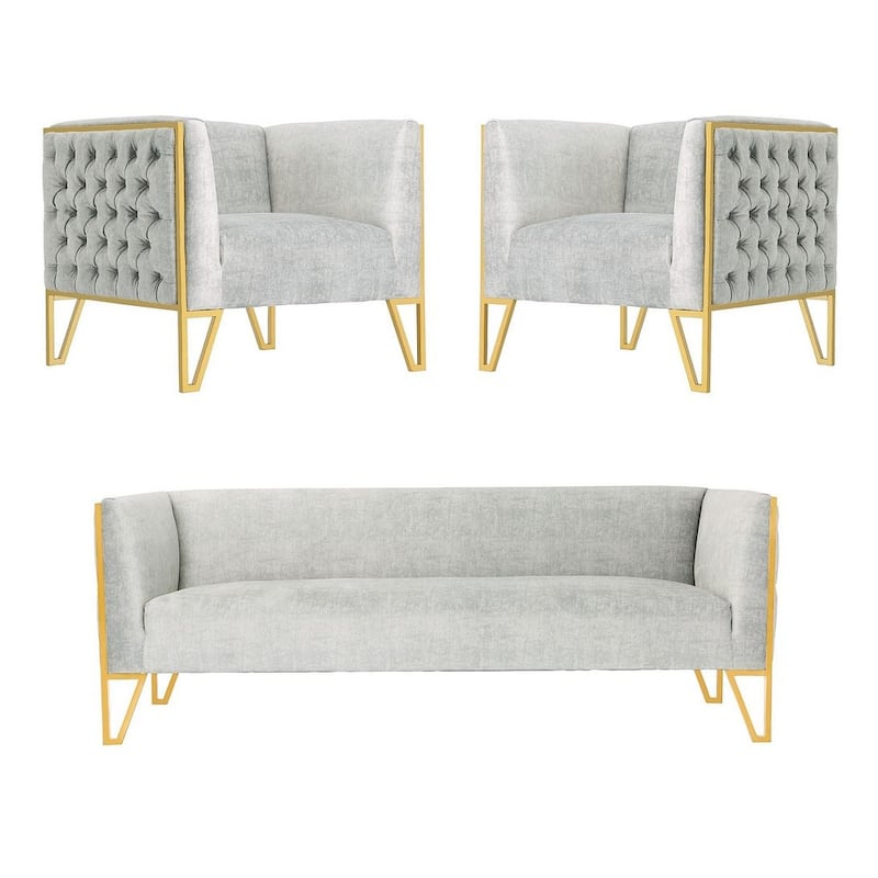 Manhattan Comfort Vector 3-Piece Grey and Gold Sofa and Armchair Set - Grey